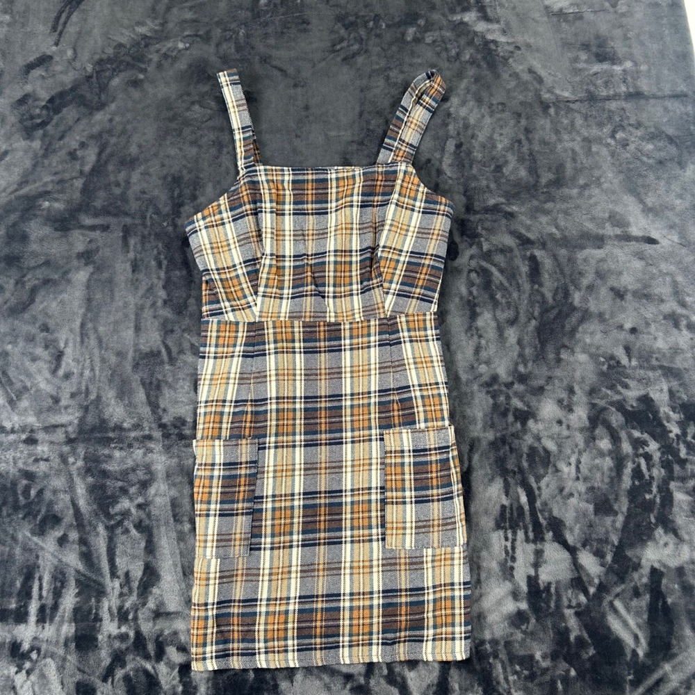 American Eagle Plaid‎ Dress Women Size S Brown Blue Check Pinafore Pockets 2605